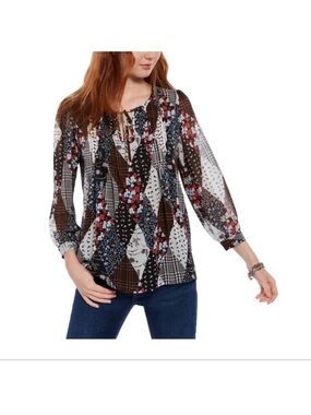 Tommy Hilfiger Pintuck Floral Black Patch Multi color Blouse Top Large NWT